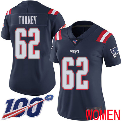 New England Patriots Football #62 100th Season Rush Limited Navy Blue Women Joe Thuney NFL Jersey